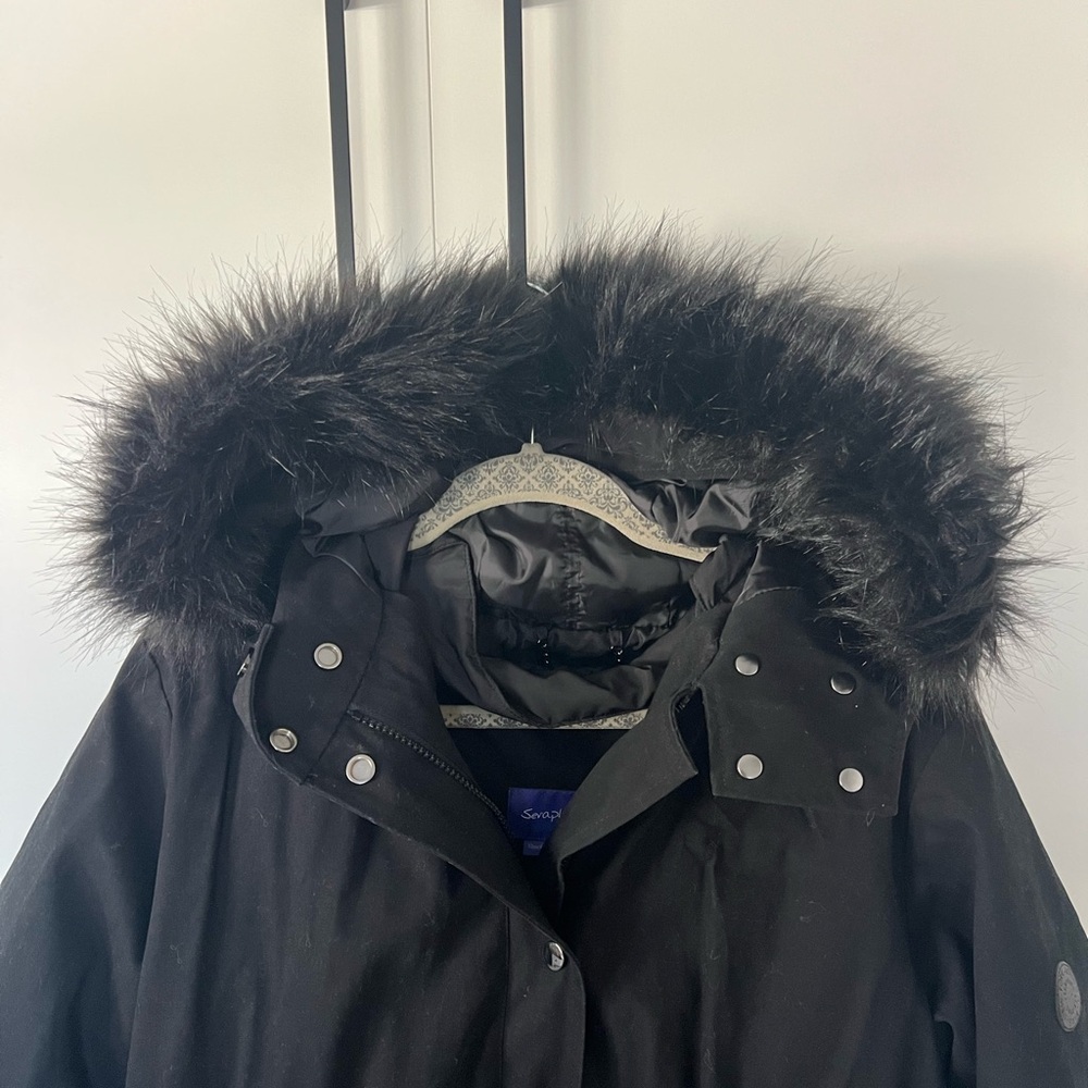 Women's Black Hooded Maternity Winter Coat With Removable Front Panel - Picture 3 of 5